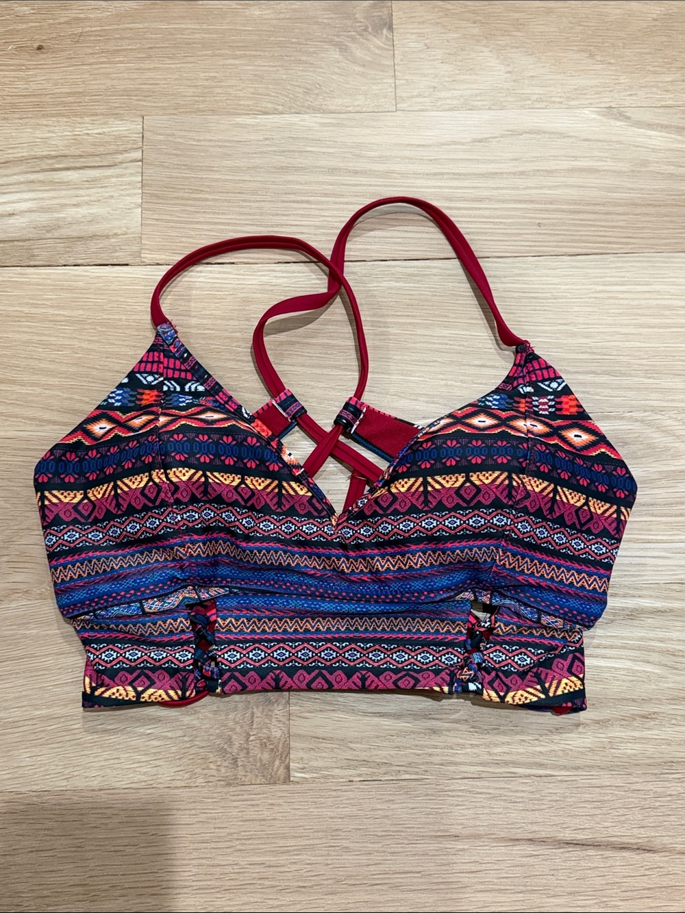 Jessica Simpson Multicolor Aztec-Print Strappy Bodysuit Top with Red Straps